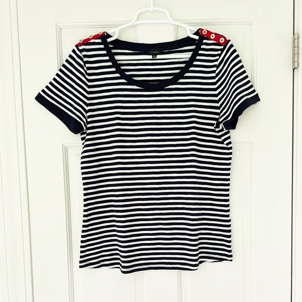 TALBOTS shirt size M black white striped scoop neck cotton shortsleeve tee